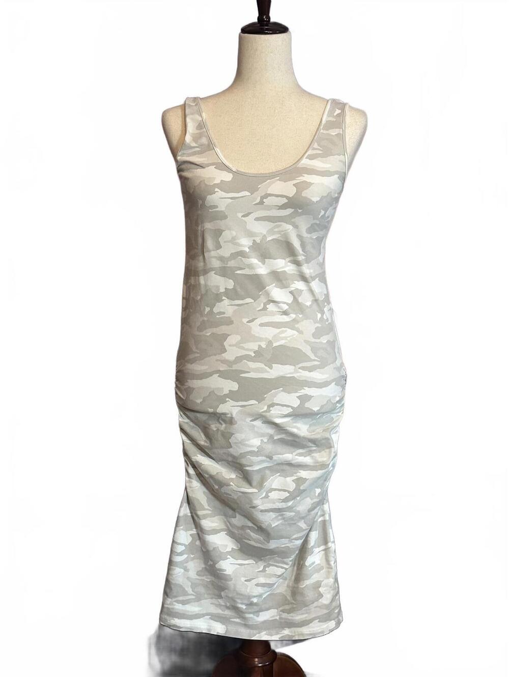Sleeveless Beige and White Camo Dress with Side Ruching